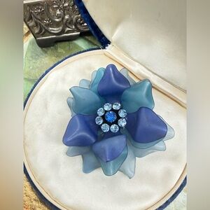 Vintage Blue Rhinestone Flower Brooch